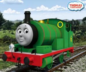 Puzzle de Percy, la más joven locomotora, de color verde y con el número 6. Percy es el mejor amigo de Thomas