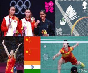 Puzzle de Podio Bádminton individual femenino, Li Xuerui (China), Wang Yihan (China) y Saina Nehwal (India) - Londres 2012 -