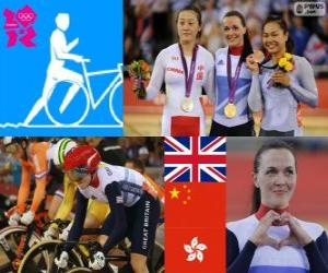 Puzzle de Podio ciclismo de pista Keirin femenino, Victoria Pendleton (Reino Unido), Guo Shuang (China) y Lee Wai-Sze (Hong Kong) - Londres 2012 -