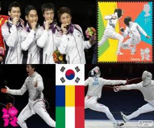 Puzzle de Podio esgrima sable por equipos masculino, Corea del sur, Rumania, Italia - Londres 2012 -