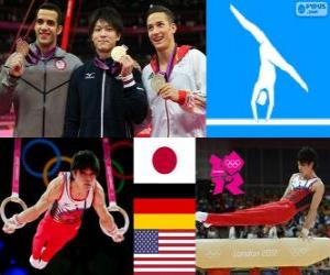 Puzzle de Podio gimnasia artística masculina concurso completo individual, Kohei Uchimura (Japón), Marcel Nguyen (Alemania) y Danell Leyva (Estados Unidos) - Londres 2012 -