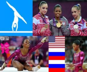 Puzzle de Podio gimnasia artística concurso completo individual femenino, Gabrielle Douglas (Estados Unidos), Viktoria Komova y Aliya Mustafina (Rusia) - Londres 2012 -