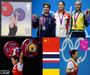 Puzzle de Podio halterofilia 58 kg femenino, Li Xueying (China), Pimsiri Sirikaew (Tailandia) y Yulia Kalina (Ucrania) - Londres 2012 -