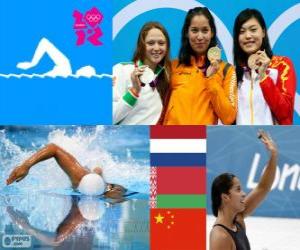 Puzzle de Podio natación 100 metros estilo libre femenino, Ranomi Kromowidjojo (Países Bajos), Aliaxandra Herasimenia (Bielorrusia) y Tang Yi (China) - Londres 2012 -