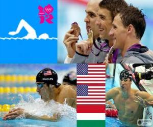 Puzzle de Podio natación 200 m cuatro estilos masculinos, Michael Phelps, Ryan Lochte (Estados Unidos) y László Cseh (Hungría) - Londres 2012 -