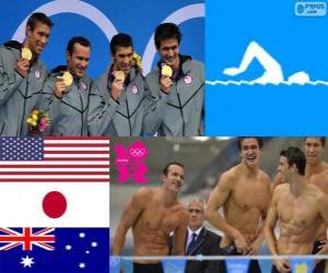 Puzzle de Podio natación relevo 4 x 100 metros estilo combinado masculino, Estados Unidos, Japón y Australia - Londres 2012 -