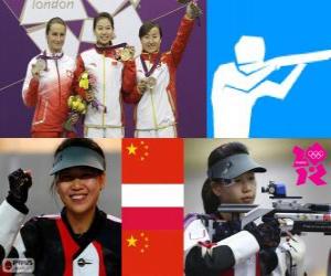 Puzzle de Podio tiro deportivo, rifle de aire 10 m femenino, Yi Siling (China), Sylwia Bogacka (Polonia) y Yu Dan (China)