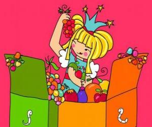 Puzzle de Princesa frente a dos cajas de fruta
