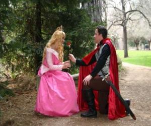 Puzzle de Príncipe de rodillas ante la princesa regalandole una rosa 
