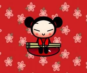 Puzzle de Pucca con los palillos sobre un fondo florido