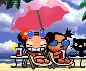 Puzzle de Pucca, Garu y su gato Mio en la playa