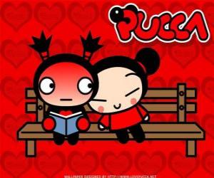 Puzzle de Pucca y Garu sentados en el banco del parque