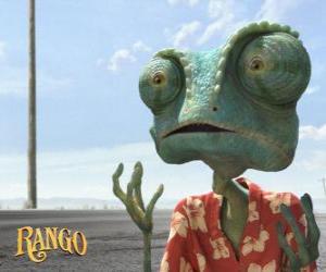 Puzzle de Rango es un camaleón mascota que vive en un terrario y que acaba en el desierto 