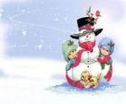 Grupo de niños y un perrito jugando a hacer un muñeco de nieve