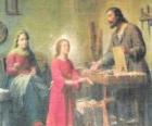 Un joven Jesús trabajando de carpintero junto a su padre José