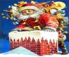 Santa Claus entrando por la chimenea cargado con muchos regalos