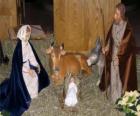 La Sagrada Família - San José, la Virgen María y el Niño Jesús en el pesebre con el buey y la mula