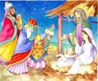 Los Reyes Magos entregando sus ofrendas, oro, incienso y mirra, al Niño Jesús
