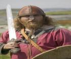 Vikingo armado con una espada y un escudo