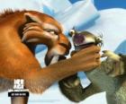 Sid nervioso delante de la presencia amenazadora de Diego, el tigre diente de sable