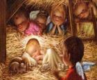 El Niño Jesús en el pesebre con la protección de un ángel 