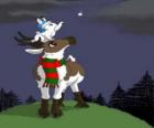 Reno de Navidad con bufanda y un conejito blanco encima de su cabeza que quiere coger una estrella