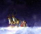 Santa Claus volando en su trineo de Navidad tirado por los renos mágicos