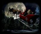 Papá Noel en su trineo mágico volador tirado por los renos navideños la noche de Navidad