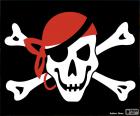 Bandera pirata de Jolly Roger con una calavera, dos tibias y un pañuelo rojo