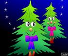 Dos felices árboles de Navidad adornados con una pajaritas