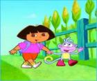 Dora, la niña exploradora, al lado del mono Botas explorando