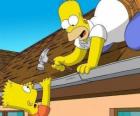 Bart queda colgado del tejado cuando ayudaba a su padre Homer a repararlo