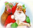 Santa Claus con el saco de los regalos de Navidad y la lista para entregarlos
