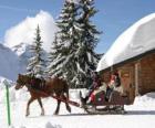 Una familia en un trineo tirado por un caballo durante la Navidad