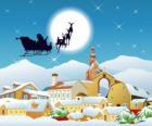 Santa Claus en su trineo volador tirado por los renos mágicos