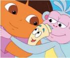 Dora abrazandose al mono Botas y Mapa