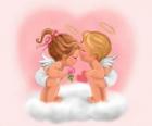 Cupidos enamorados en un corazón de San Valentín