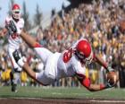 Un jugador, un wide receiver, lanzandose para atrapar un balón