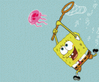 Bob Esponja intentando pescar medusas