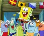 Bob Esponja aclamado por los habitantes de Fondo de Bikini