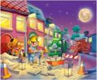 Bob y sus amigos trabajano de noche reparando una calle de la ciudad