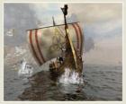 Barco vikingo o drakkar con la vela hinchada por el viento