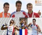 Romain Barras campeón en Decatlón, Eelco Sintnicolaas y Andréi Krauchanka (2º y 3ero) de los Campeonatos de Europa de atletismo Barcelona 2010