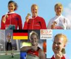 Betty Heidler campeona en lanzamiento de martillo, Tatiana Lysenko y Anita Włodarczyk (2ª y 3era) de los Campeonatos de Europa de atletismo Barcelona 2010