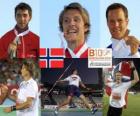Andreas Thorkildsen campeón en lanzamiento de Jabalina, Matthias De Zordo y Tero Pitkämäki (2º y 3ero) de los Campeonatos de Europa de atletismo Barcelona 2010
