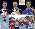 David Greene campeón de 400 m vallas, Rhys Williams y Stanislav Melnykov (2º y 3ero) de los Campeonatos de Europa de atletismo Barcelona 2010