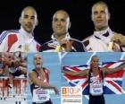 Andy Turner campeón de 110 m vallas, Garfield Darien y Dániel Kiss (2º y 3ero) de los Campeonatos de Europa de atletismo Barcelona 2010