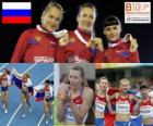 Tatiana Firova campeona en 400 m, Xenia Ustalova y Antonina Krivoshapka (2ª y 3era) de los Campeonatos de Europa de atletismo Barcelona 2010