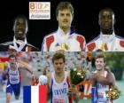 Christophe Lemaitre campeón de 200 m, Christian Malcolm y Martial Mbandjock (2º y 3ero) de los Campeonatos de Europa de atletismo Barcelona 2010