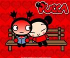 Pucca y Garu sentados en el banco del parque